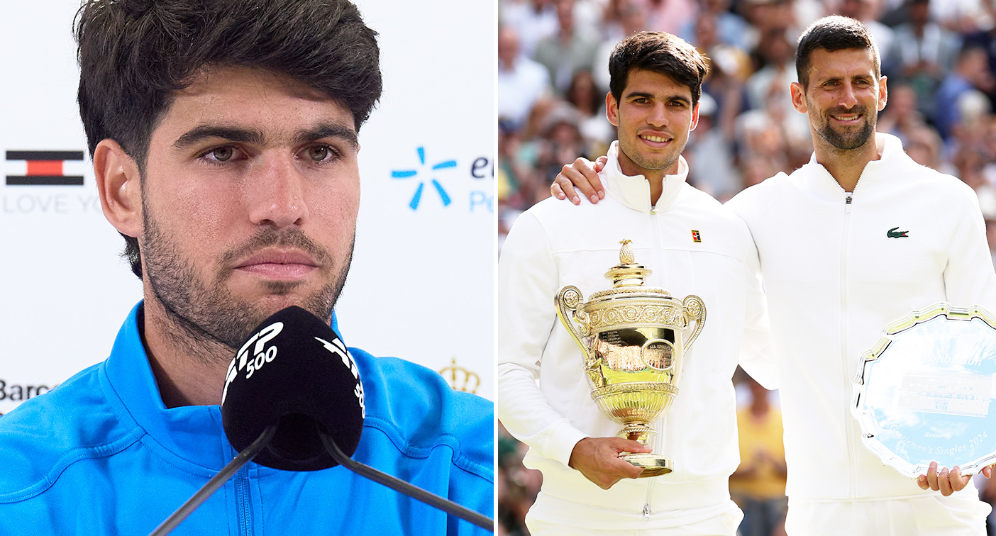 Two-time Wimbledon champion Carlos Alcaraz (L) has been forced to withdraw from this year's grass court grand slam due to an ongoing wrist injury. Pic: Getty