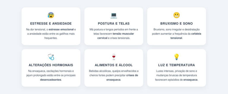 Quais são os principais gatilhos de cada cefaleia?