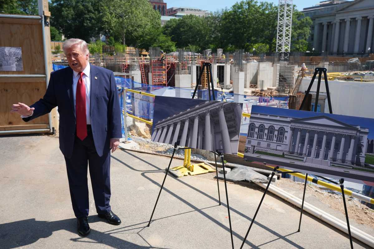 Trump backs White House ballroom project while touring build site
