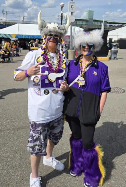 Skol! Jonathan Newman, left, and Tali Roberts support their Minnesota Vikings on Day 2 of the NFL Draft on April 24, 2026, in downtown Pittsburgh