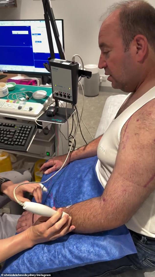 Ahmed Al Ahmed is pictured getting an ultrasound on his arm, which was injured in Bondi massacre
