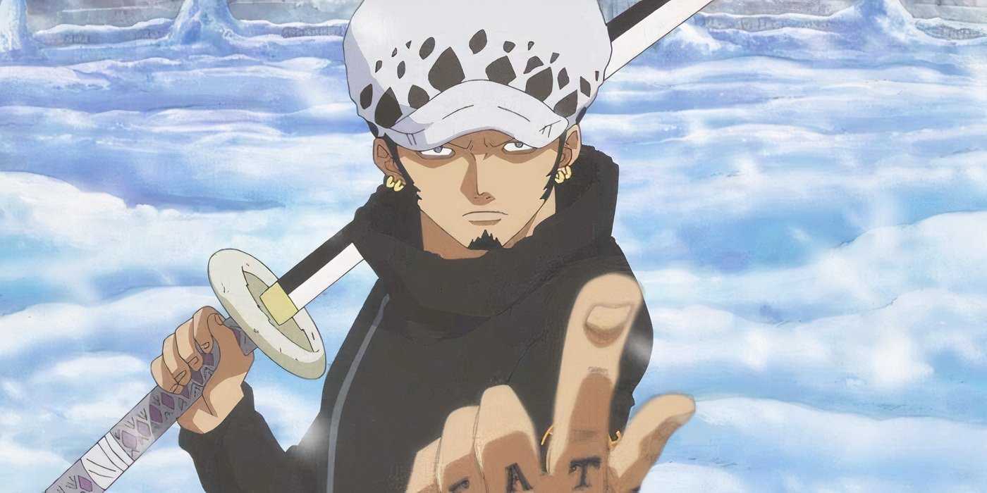 Trafalgar Law holds up a finger as he holds his sword behind him.