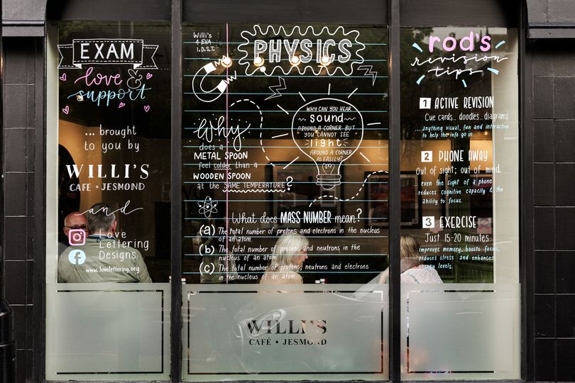 Jesmond café turns windows into GCSE revision guides for passing pupils