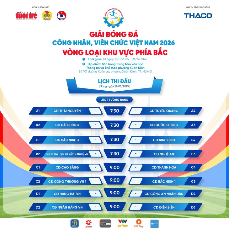 Lịch thi đấu vòng loại phía Bắc Giải bóng đá công nhân, viên chức Việt Nam 2026