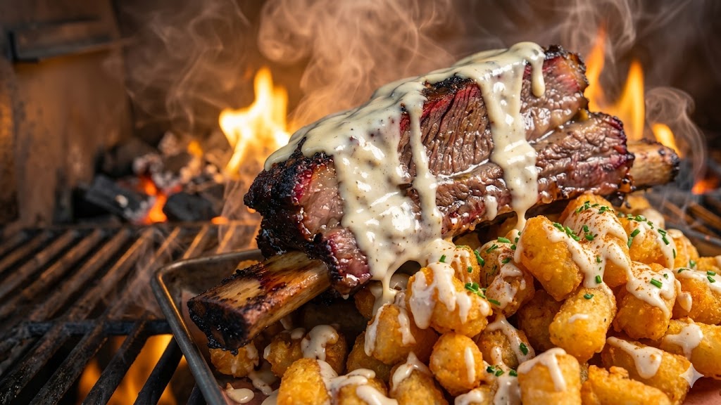 A Texas-style rib idea becomes a backyard feast stacked over queso tots