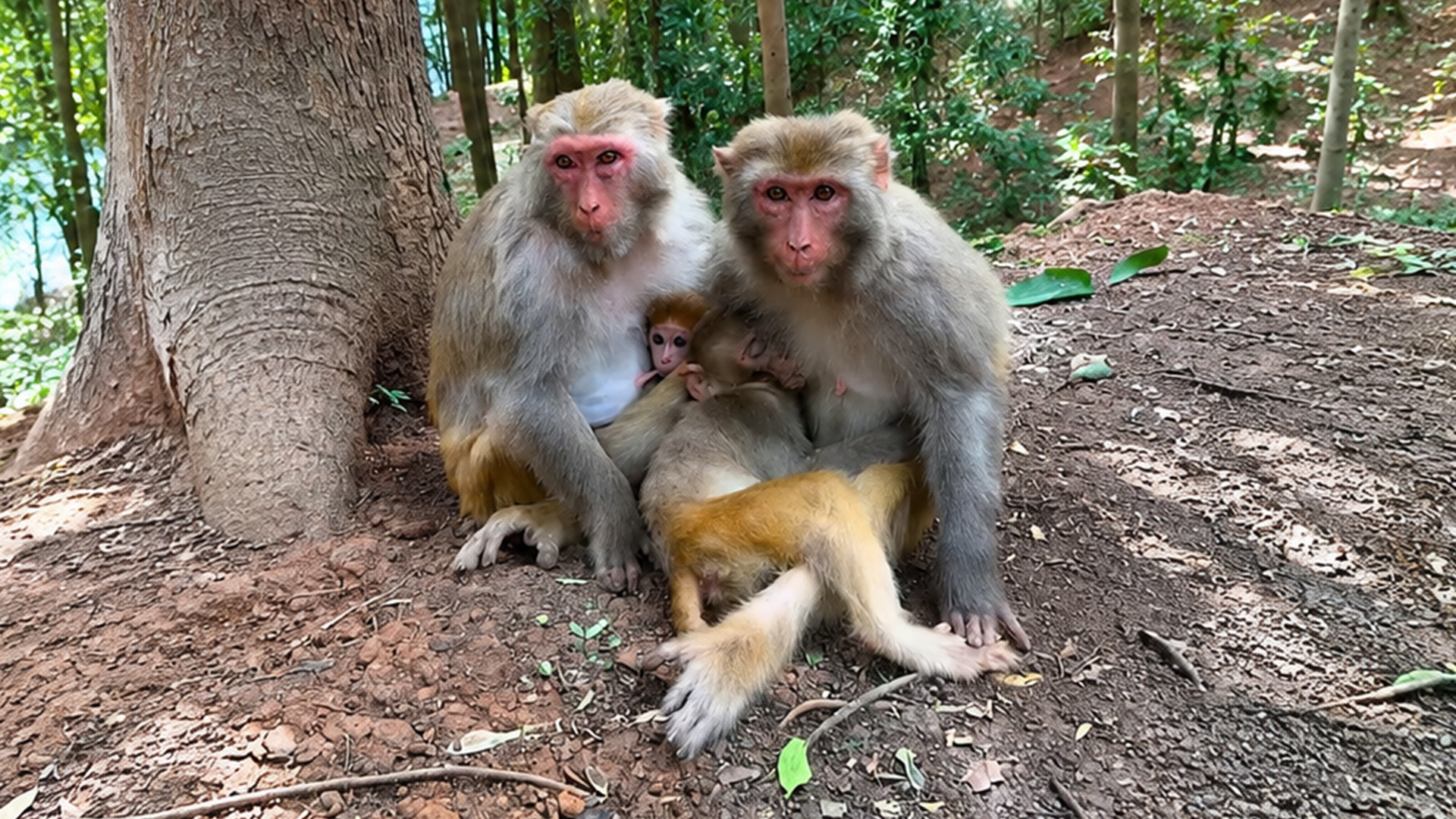 The monkey family looks protective while sitting together in nature