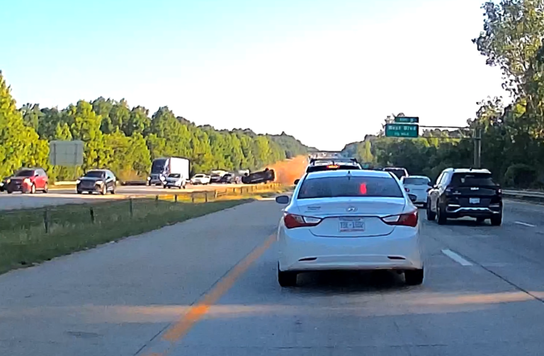 Video shows a truck flipping over in mid-air on I-485 in west Charlotte