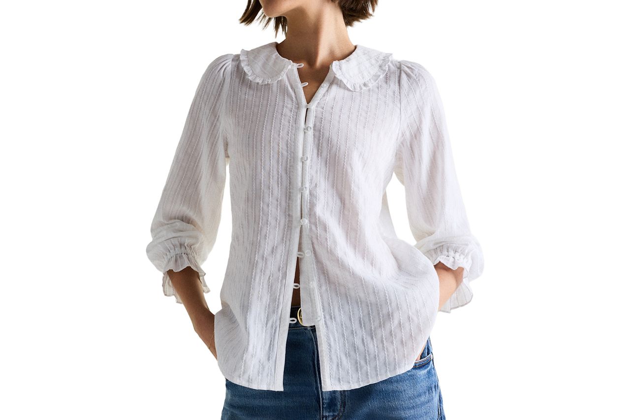 Quince Embroidered Cotton Ruffle Collar Long Sleeve Blouse