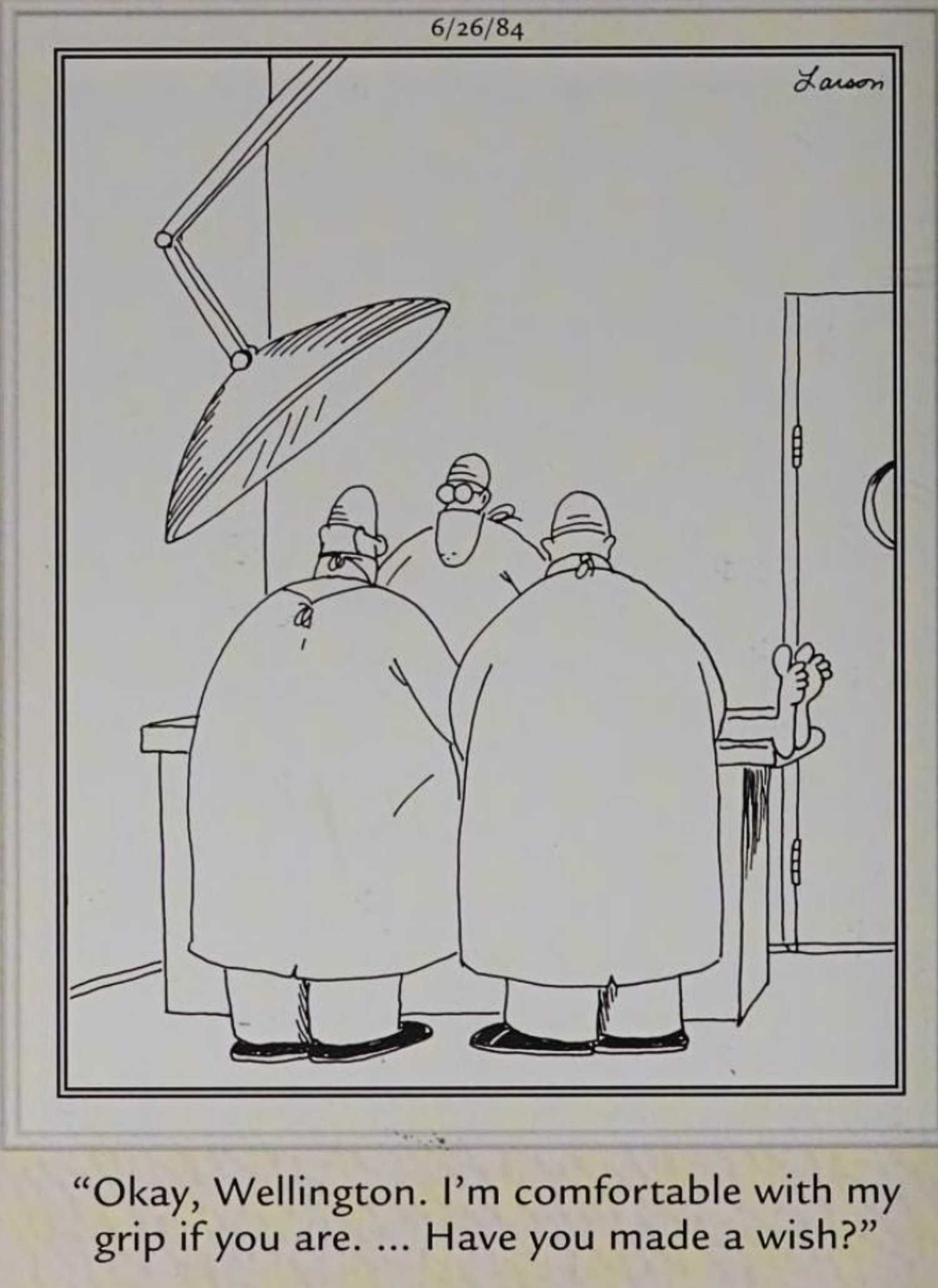 Far Side, June 26, 1984, surgeons using a patient's ribs like a wishbone