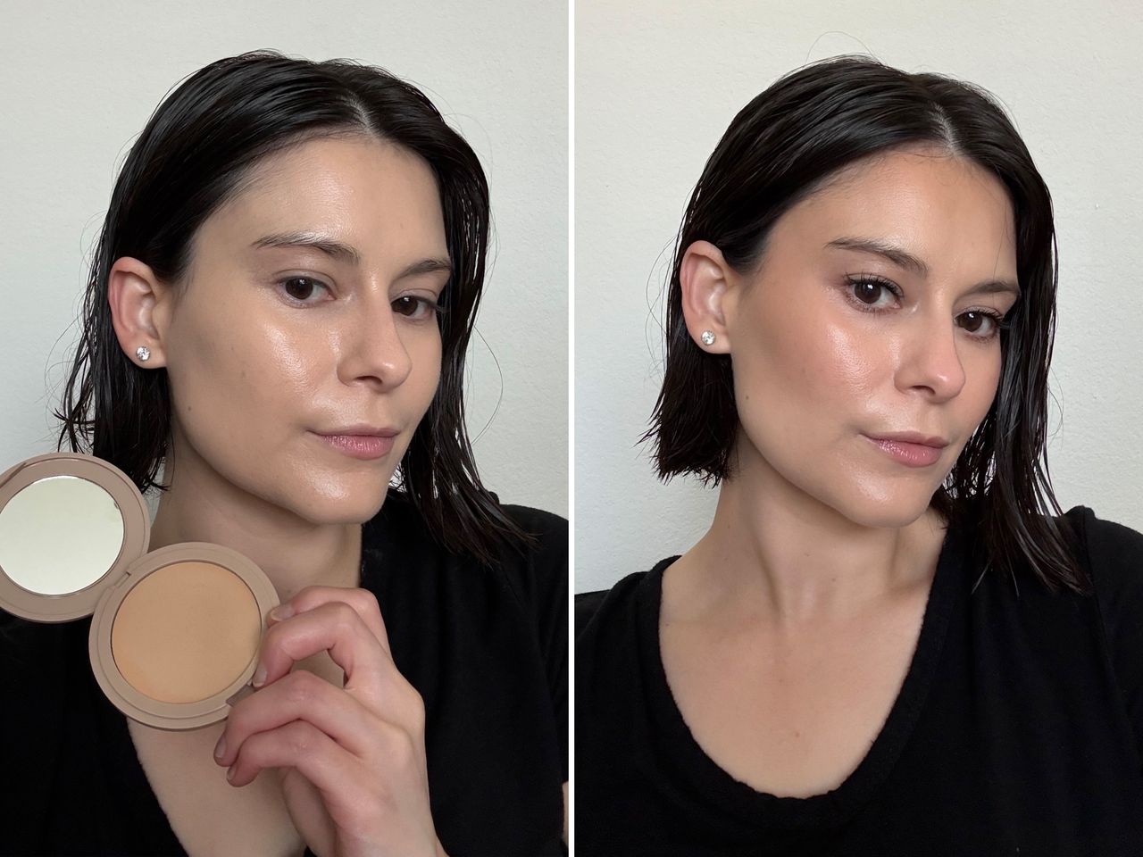 A sidebyside comparison of a woman holding a makeup compact and her appearance after applying makeup