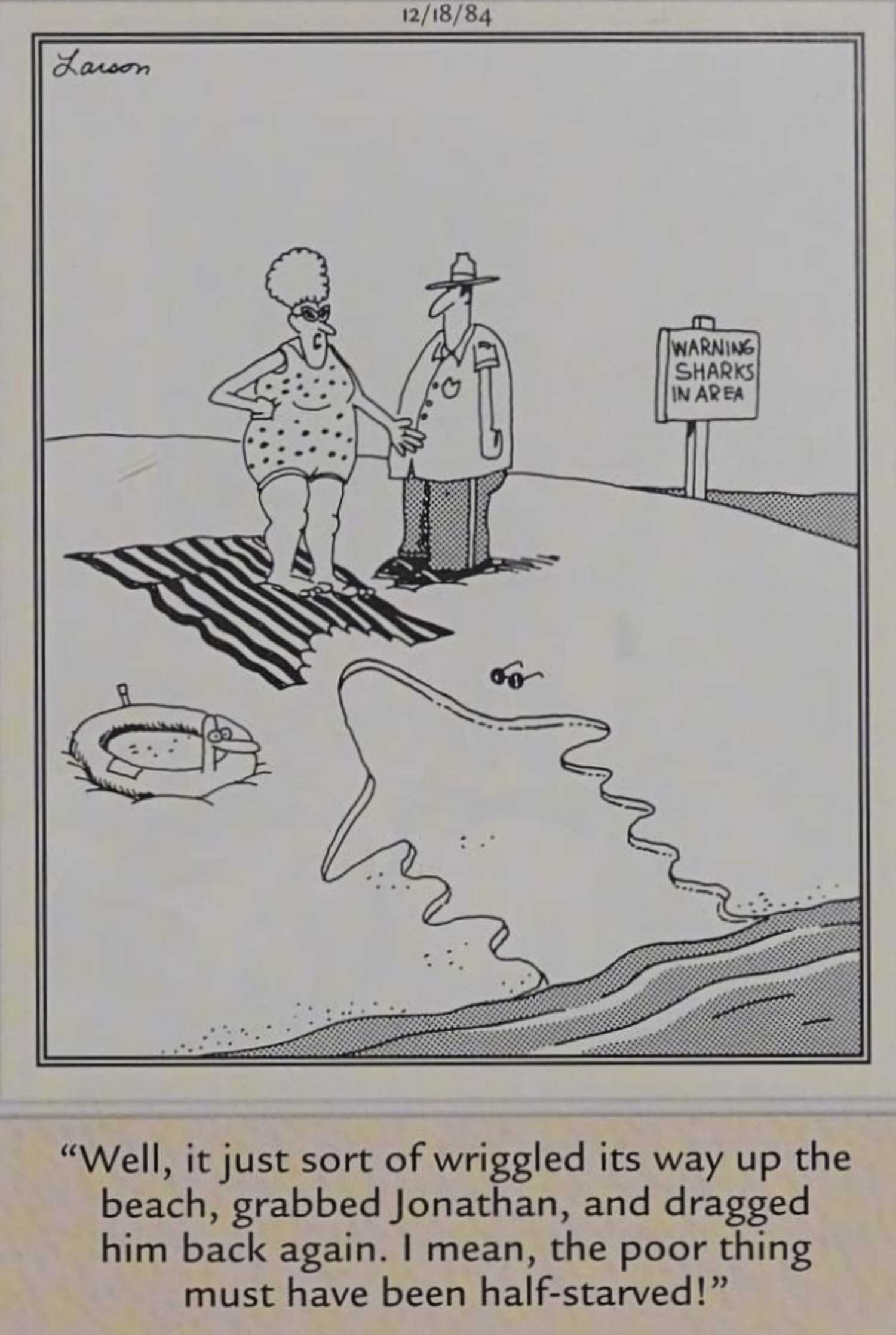 Far Side, December 18, 1984, a woman describes a hungry shark eating her son