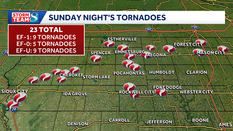 25 tornadoes confirmed so far in Iowa from recent storms