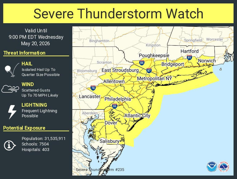 Severe thunderstorm watch issued for New Jersey on Wednesday