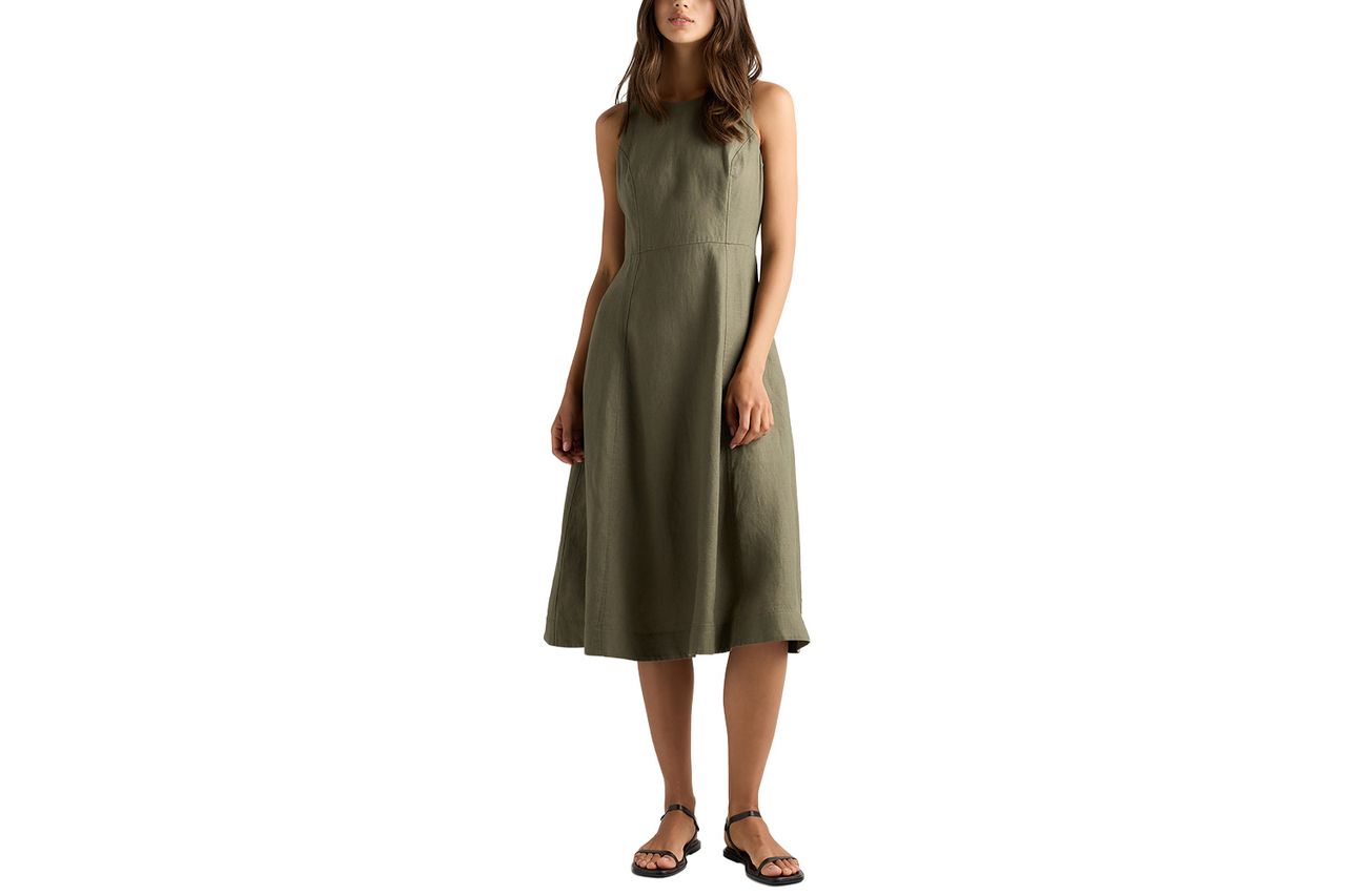 Quince 100% European Linen High Neck Midi Dress