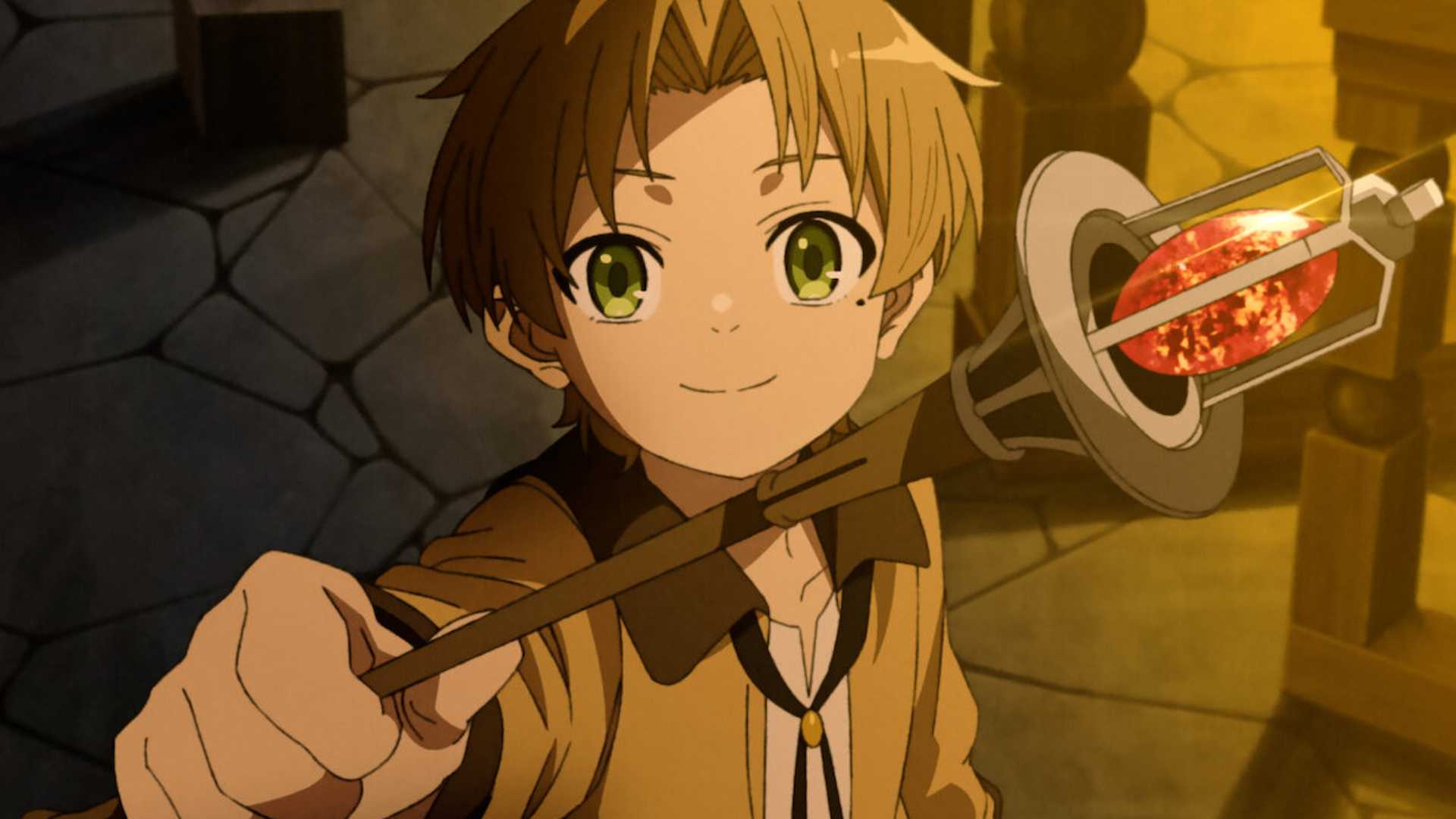 Mushoku Tensei's Young Rudeus Greyrat holding out a wand