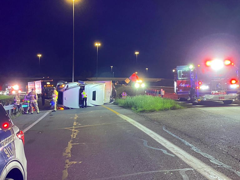 Semi overturns on I-475 W to US 23 N ramp; driver hospitalized