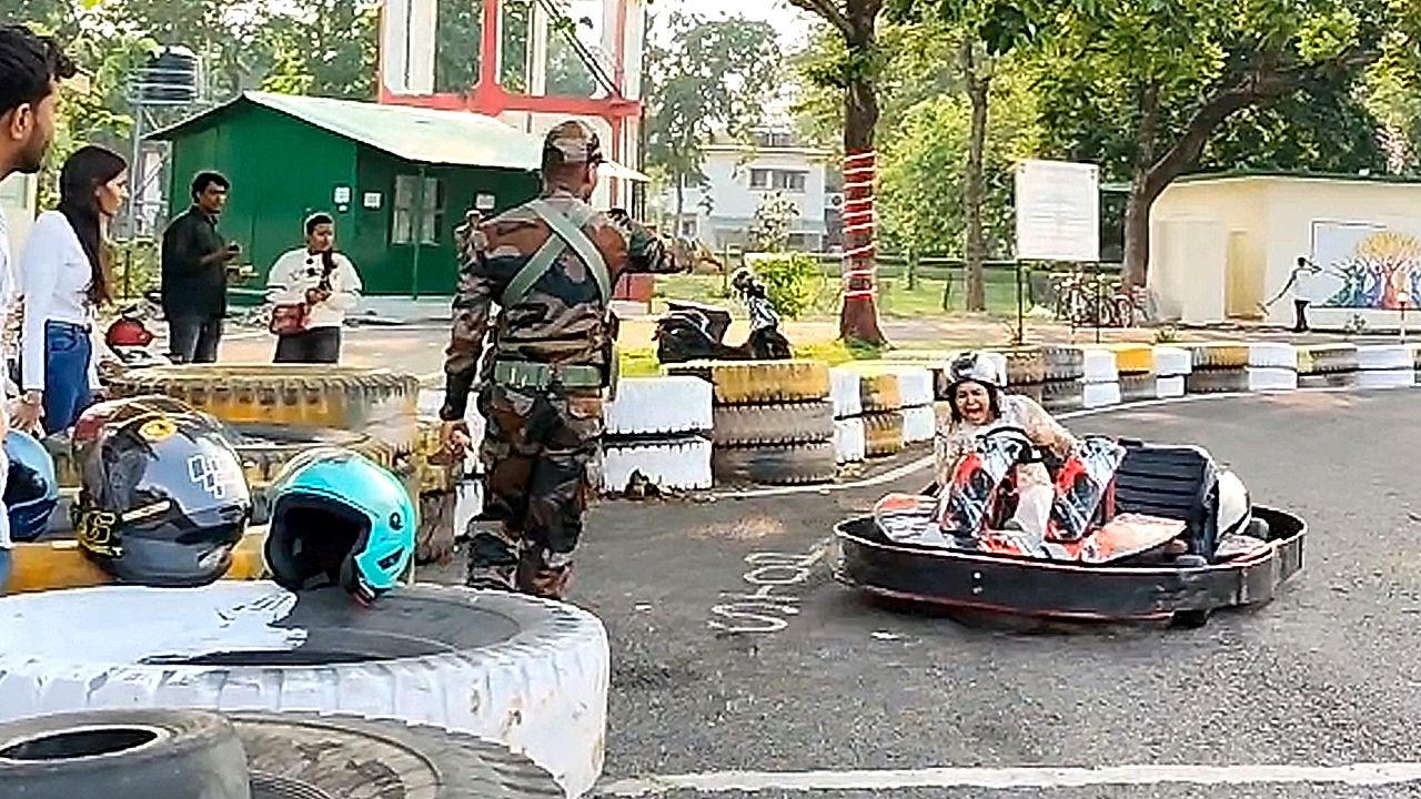 First-time go kart rider sets off in reverse