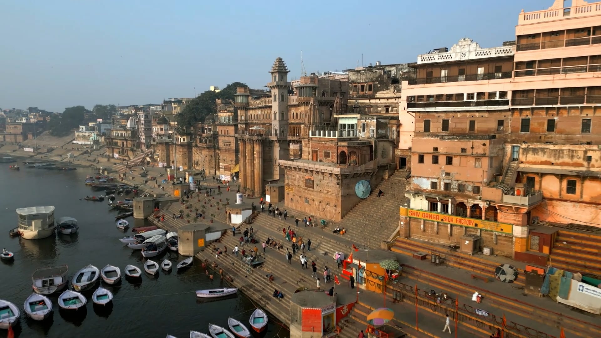 Peaceful drone journey over India’s sacred Ganges River in Varanasi