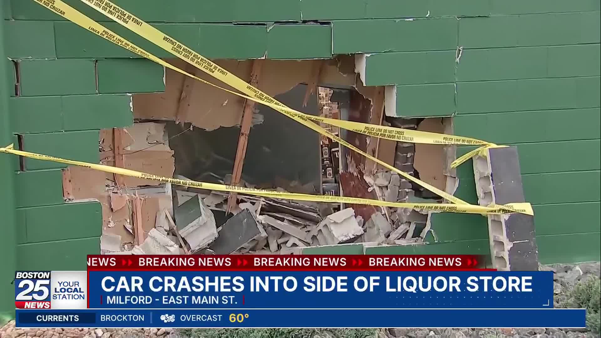 Car crashes into Mass. liquor store, leaving gaping hole in wall