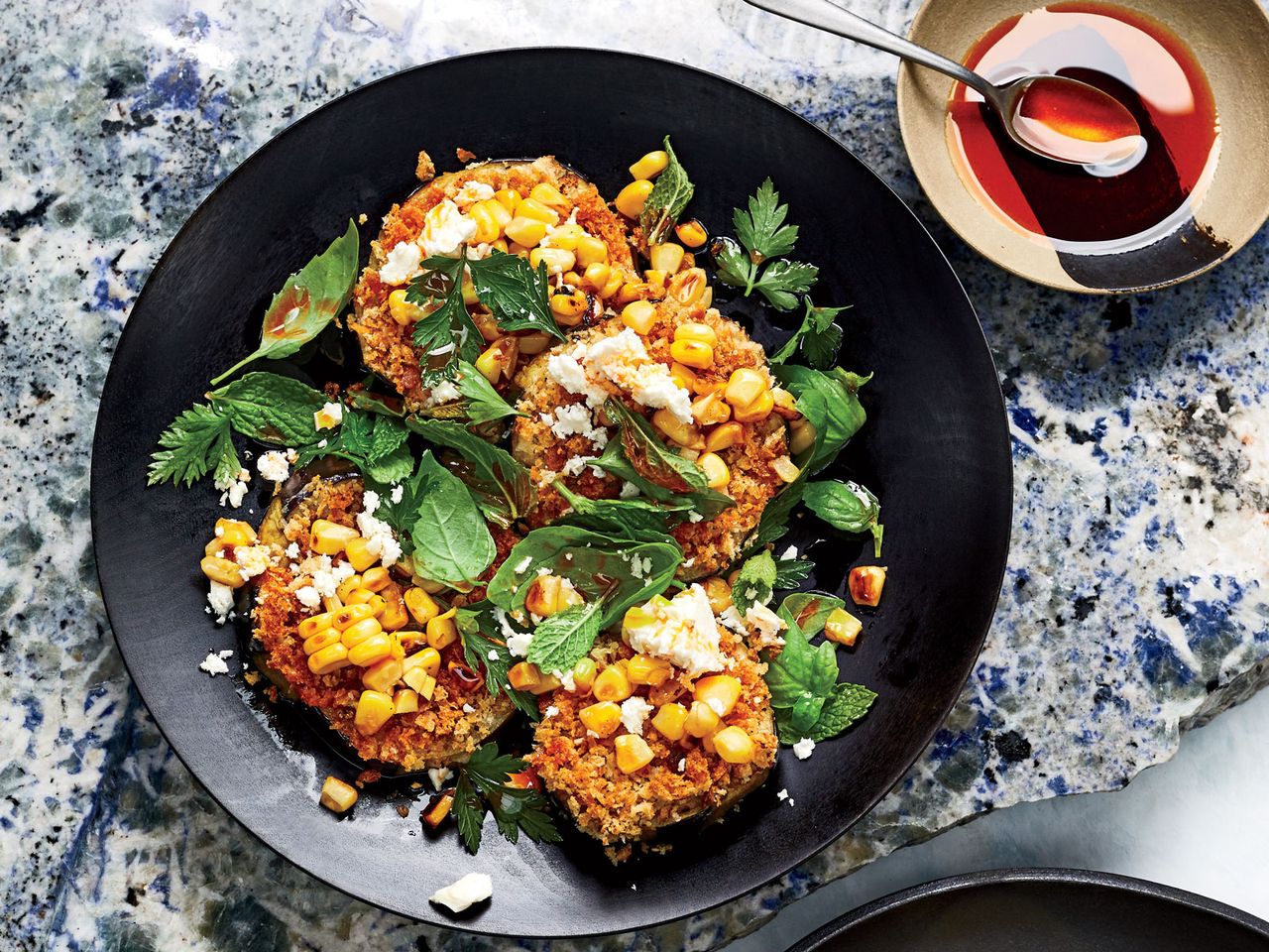 Crunchy Eggplant and Corn Salad with Mint and Feta
