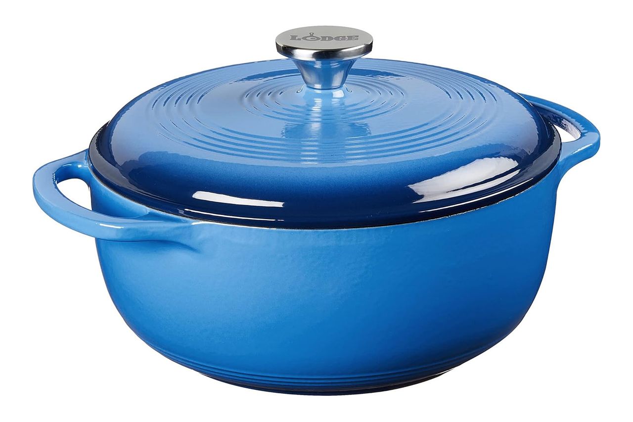 Lodge 4.5 Quart Enameled Cast Iron Dutch Oven with Lid – Dual Handles – Oven Safe up to 500° F or on Stovetop - Use to Marinate, Cook, Bake, Refrigerate and Serve – Caribbean Blue