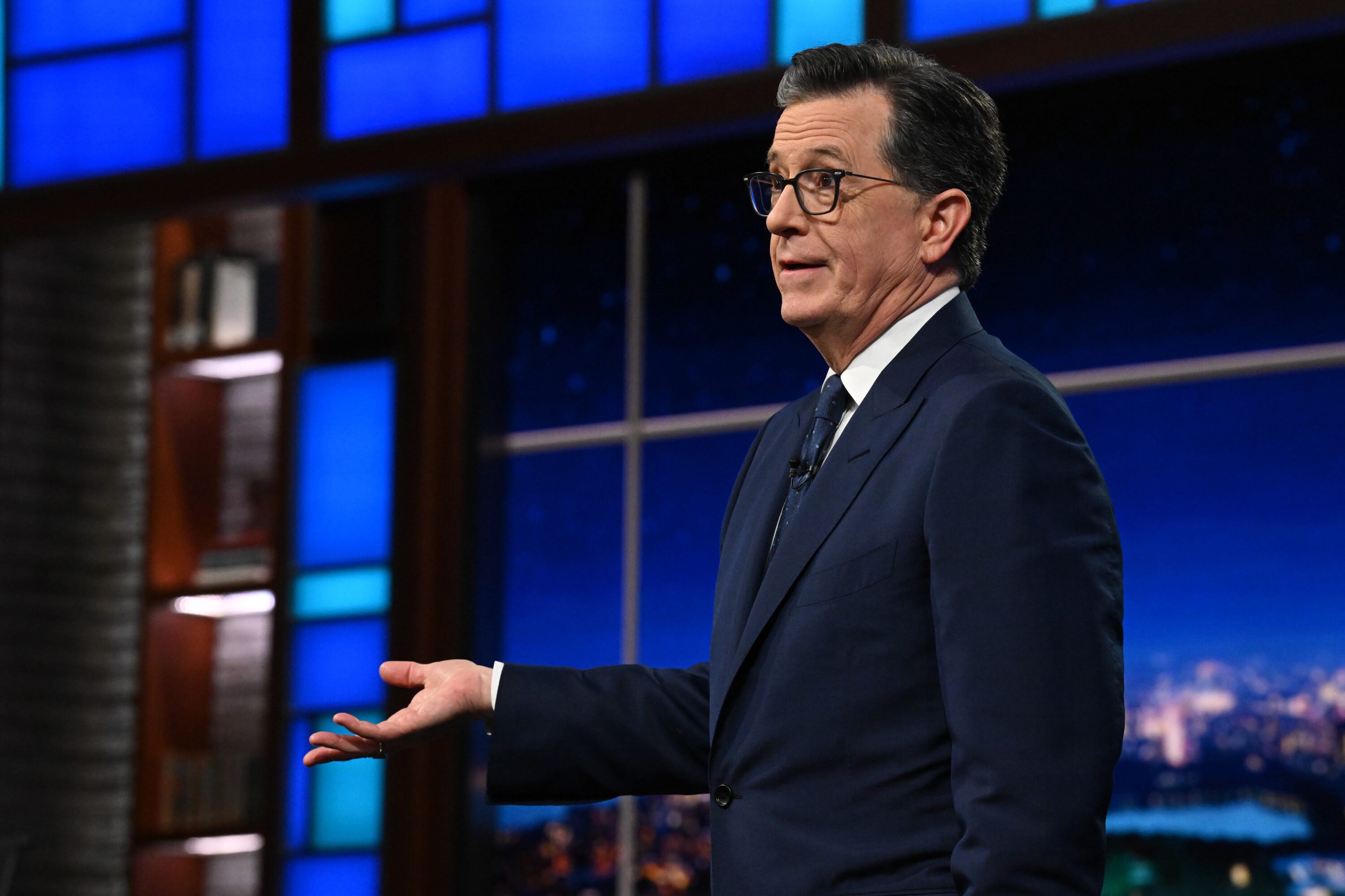 Stephen Colbert speaks on set during the finale taping.
