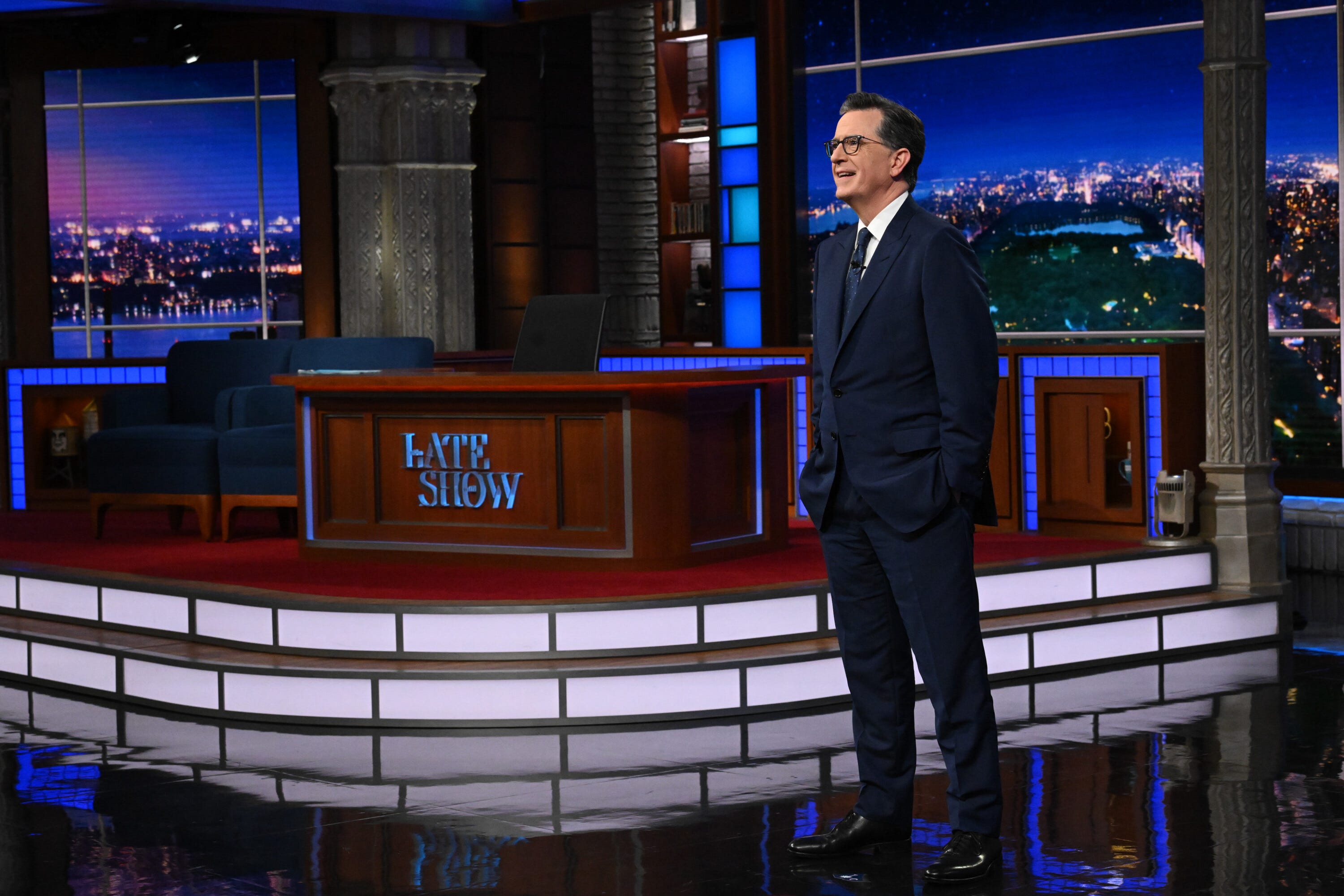 Stephen Colbert speaks to the audience during "The Late Show with Stephen Colbert" finale.