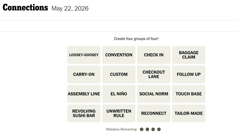 Get today's NYT Connections puzzle hints and answers for May 22, 2026