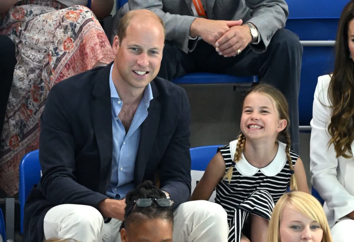 Prince William, Duke of Cambridge and Princess Charlotte of Cambridge attend the Sandwell Aquatics Centre during the 2022 Commonwealth Games. ( (Image Source: Getty Images | Karwai Tang/WireImage)