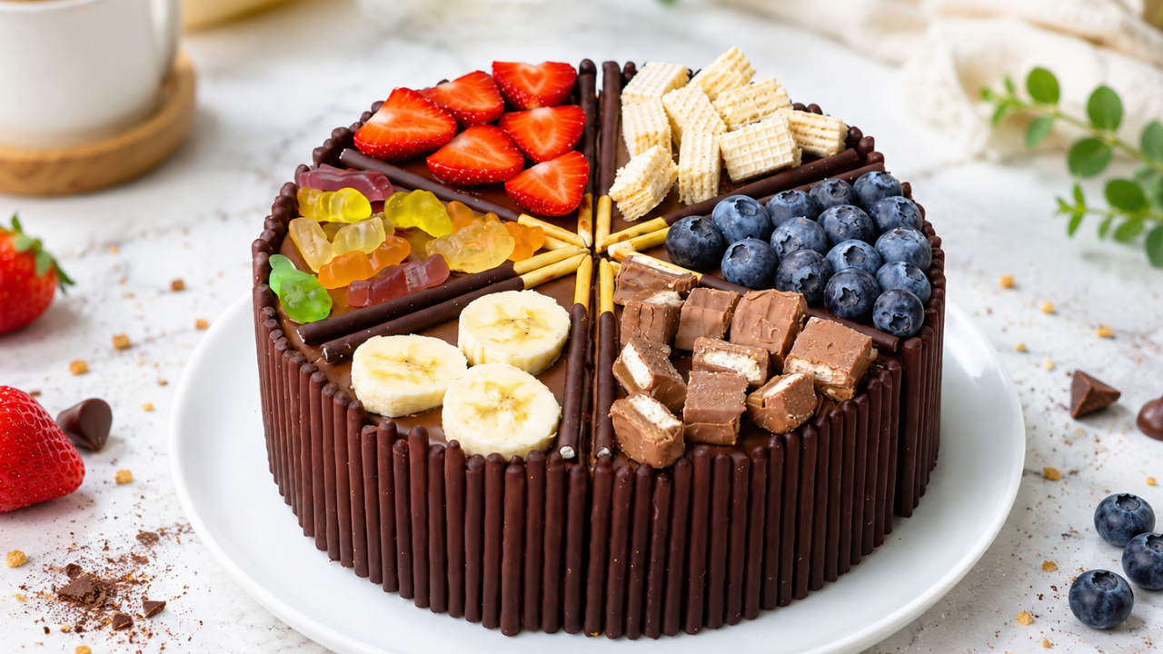 Chocolade snackcake met gemengde toppings