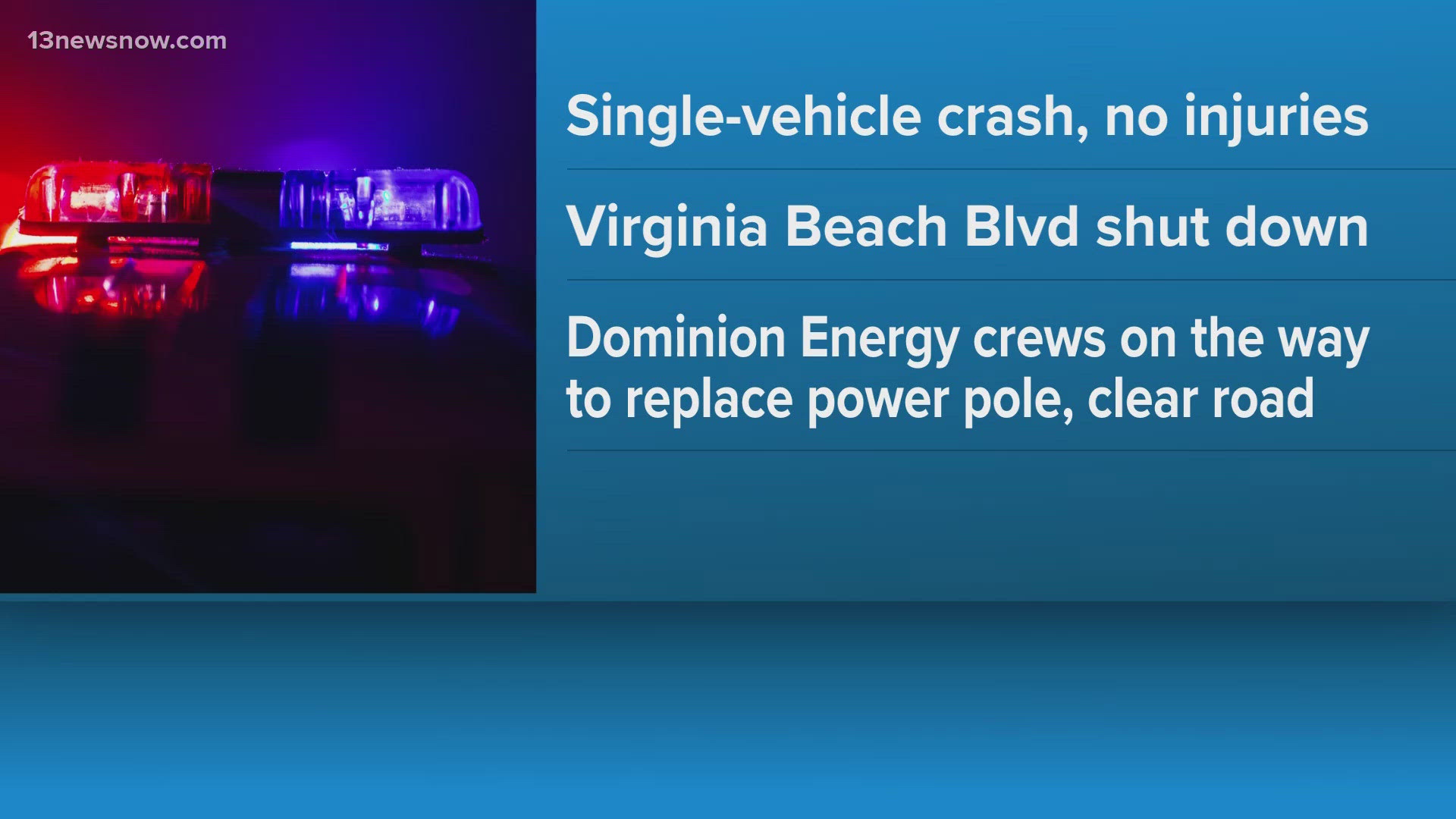 Crash downs power lines on Virginia Beach Boulevard, closing the road