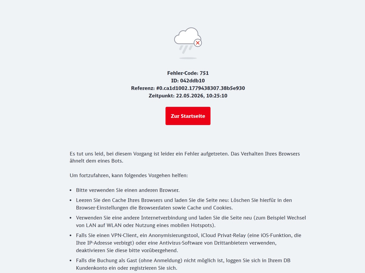 Bahn.de sperrt Browser aus: So löst ihr das Problem (Fehlercode 751)
