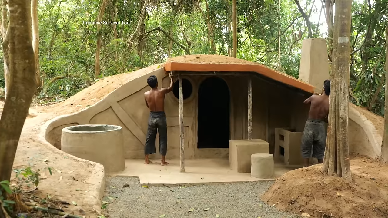 Builders shape an underground hobbit-style mud house