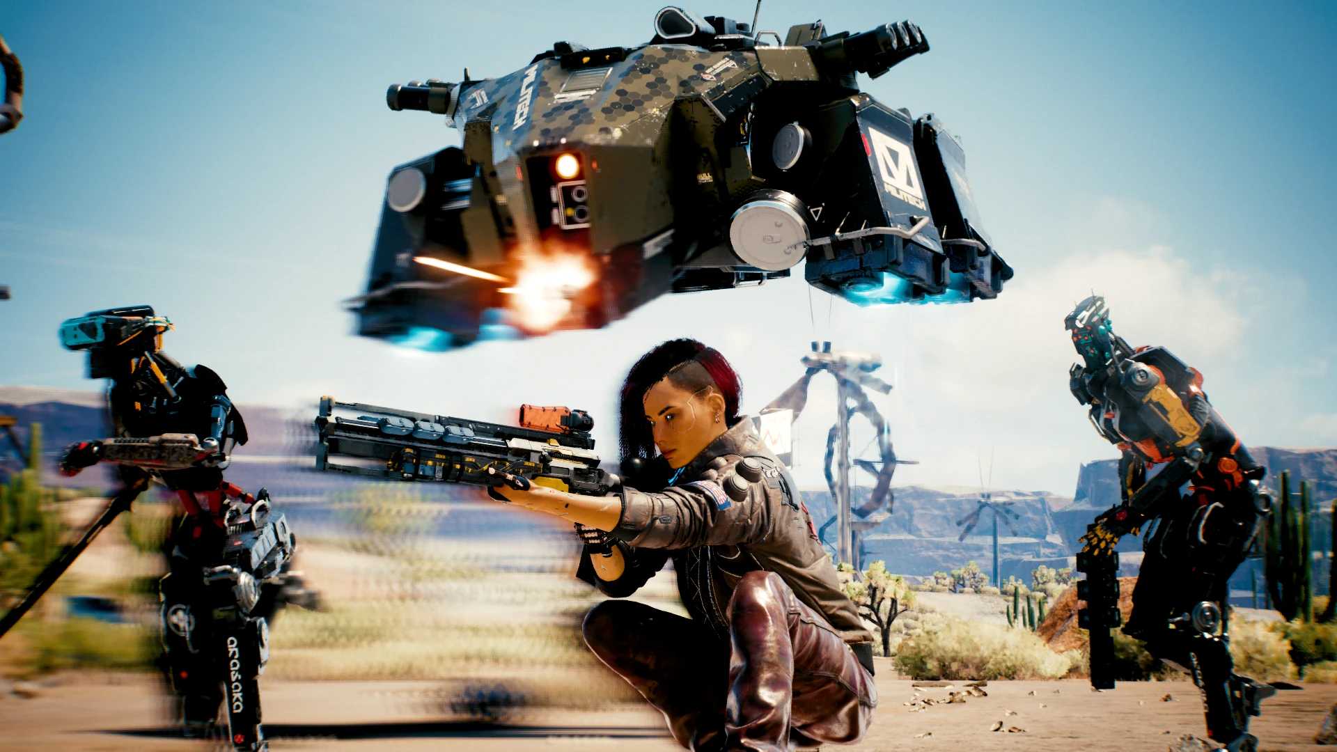 Mod Image of v with a flying drone and two robots in Cyberpunk 2077