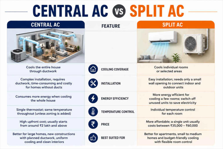 Central AC vs split AC: Price, cooling coverage, energy efficiency and ...