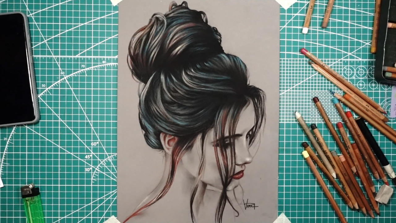 Simple and realistic hairstyle drawing pastel pencil art