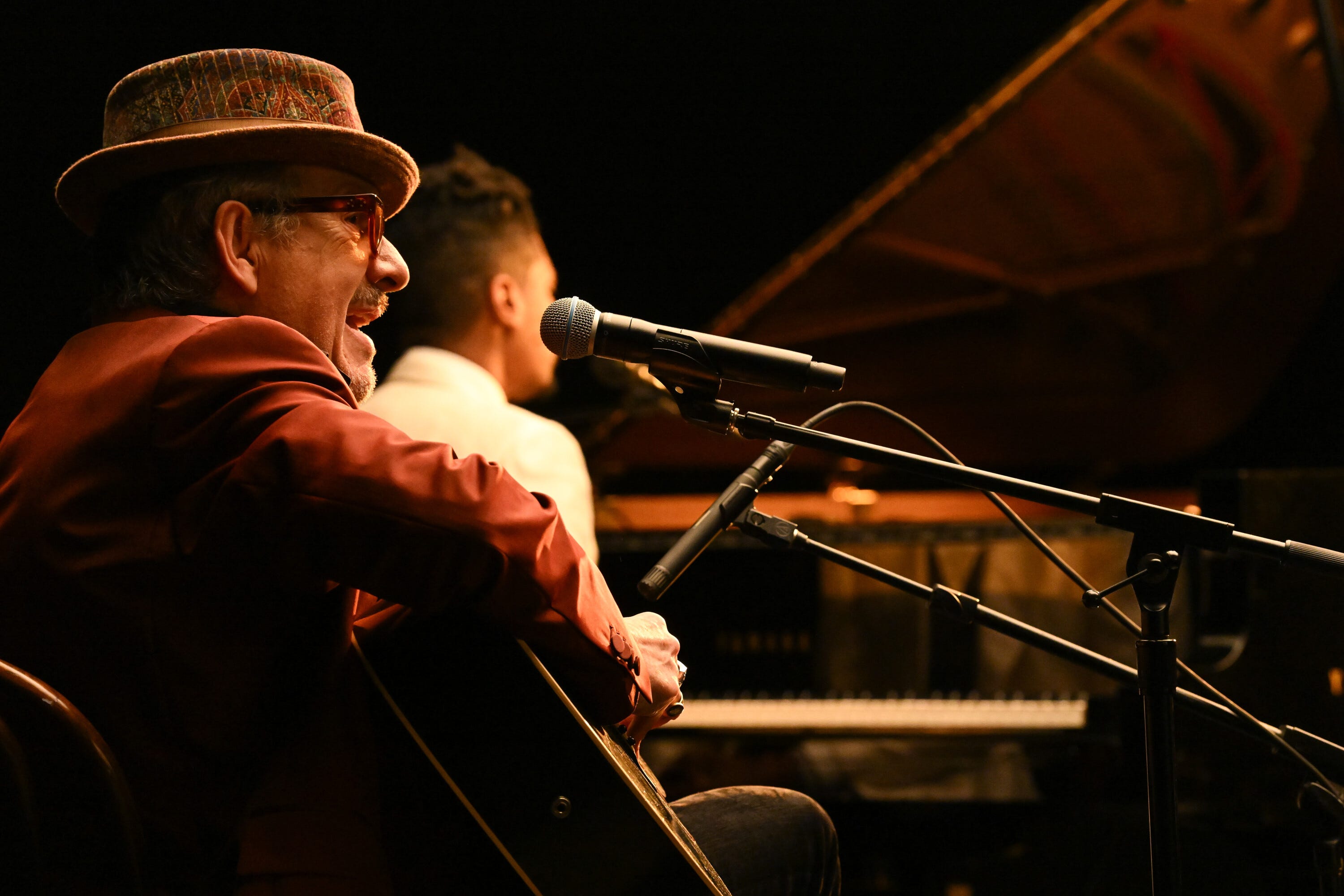 The Late Show with Stephen Colbert Louis Cato and musical guests Elvis Costello and Jon Batiste during Thursday’s May 21, 2026 show.