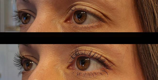Two close-up images comparing eyes before and after applying mascara, highlighting the enhanced lashes