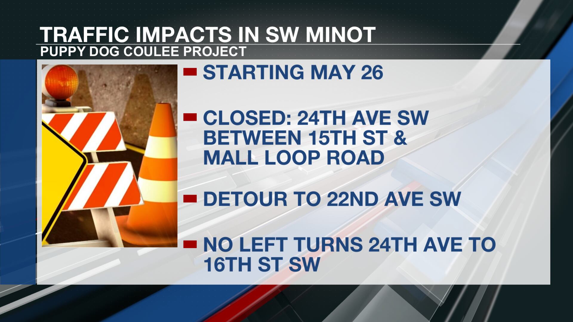 Additional traffic impacts in SW Minot for storm sewer project