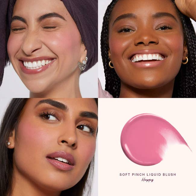 Four women smiling with varying skin tones, each wearing soft pink blush. Text: