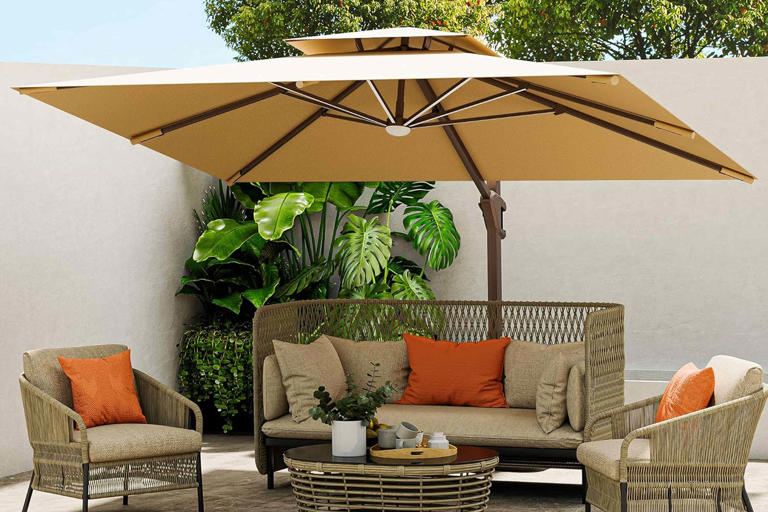 can tire patio umbrella CANVAS West Palm Outdoor/Patio Offset Umbrella w/ Base & Crank Handle,  Grey, 10x10-ft