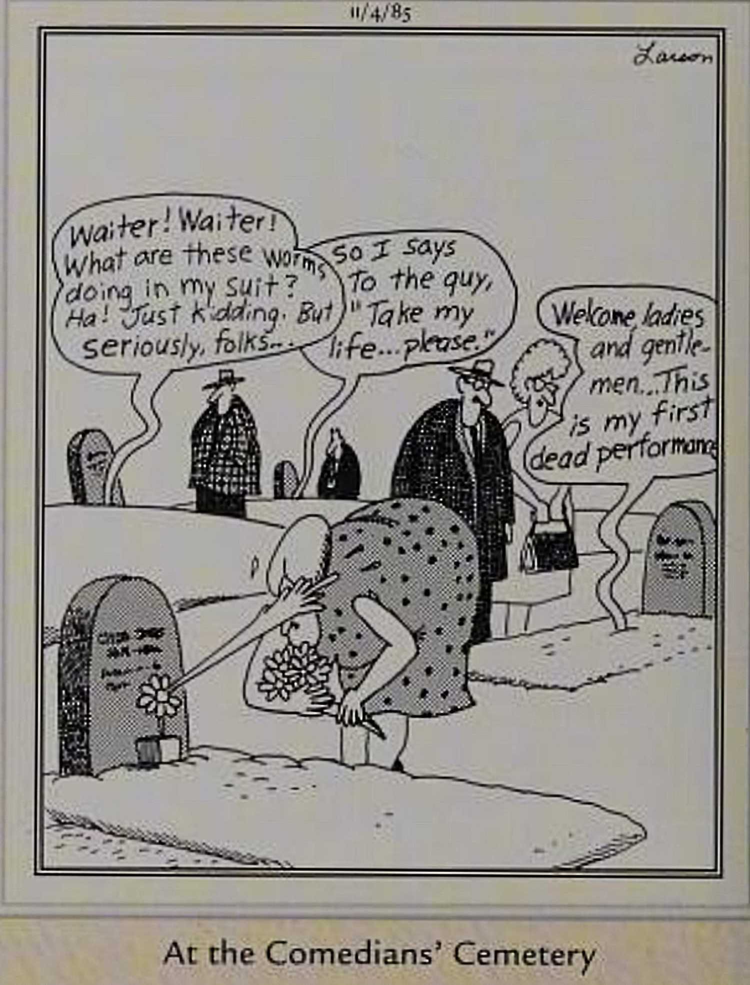 Far Side, November 4, 1985, 'the comedians' cemetery'