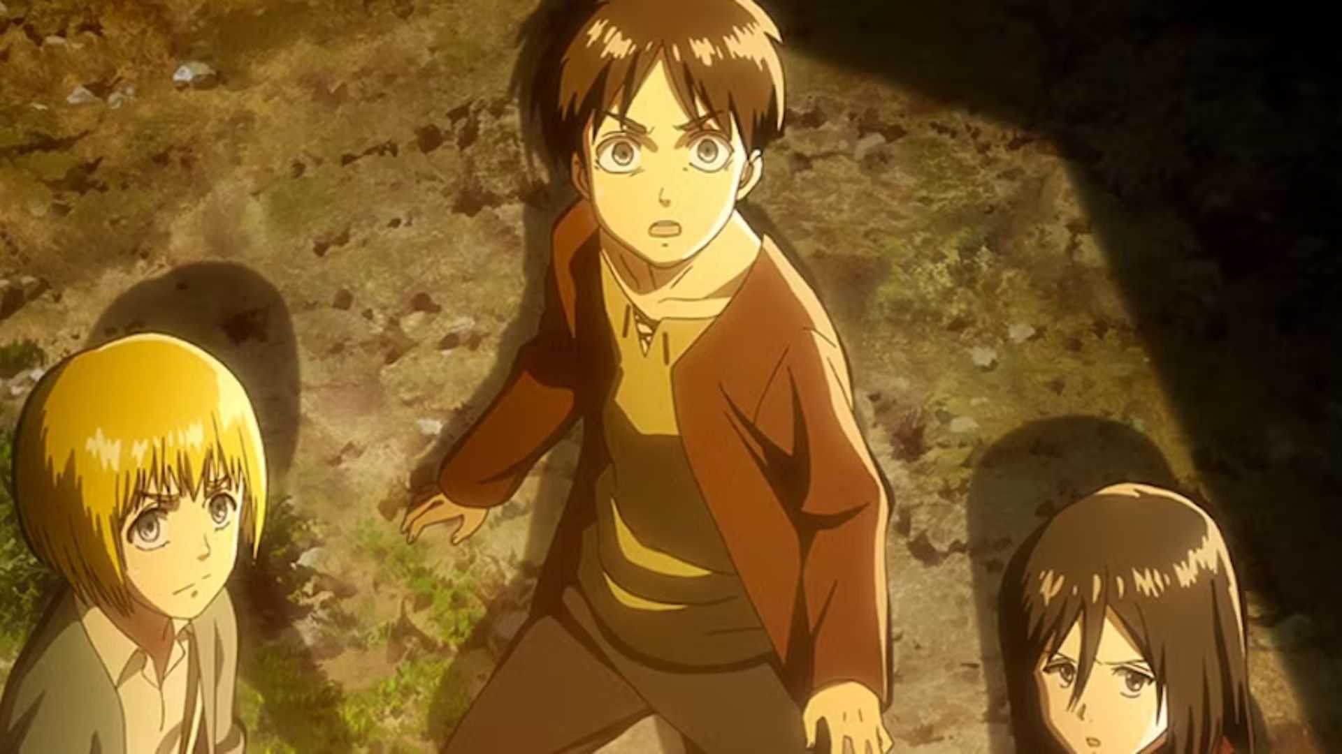 Attack On Titan Season 1 Episode 1, Eren, Armin, and Mikasa look scared.