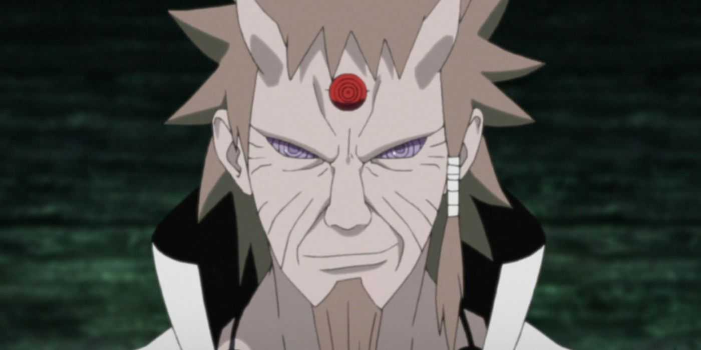 Hagoromo Otsutsuki, also known as the Sage of Six Paths, smirks in Naruto: Shippuden.
