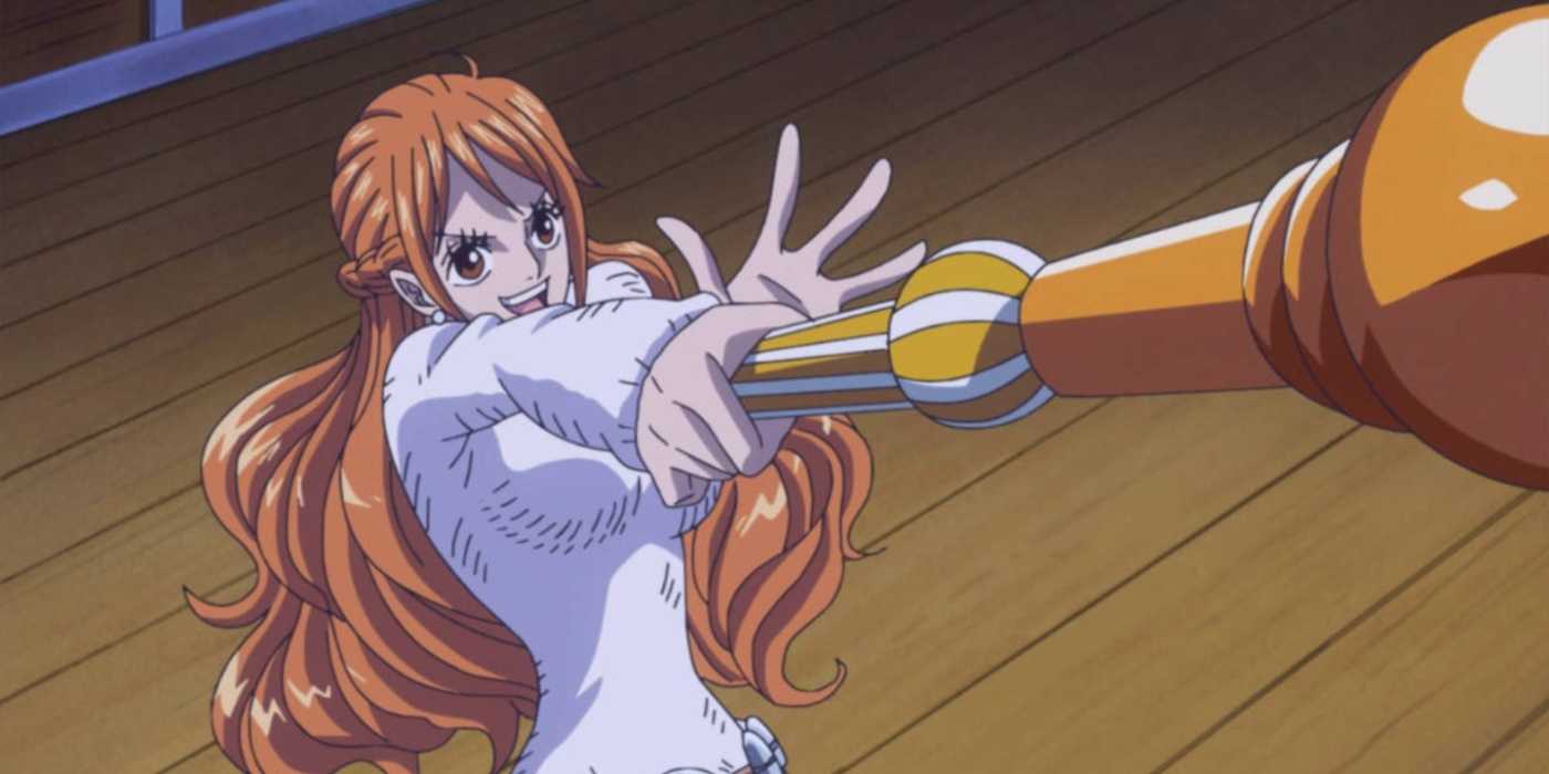 Nami aims the Clima-Tact at Zeus during her fight against Big Mom in One Piece