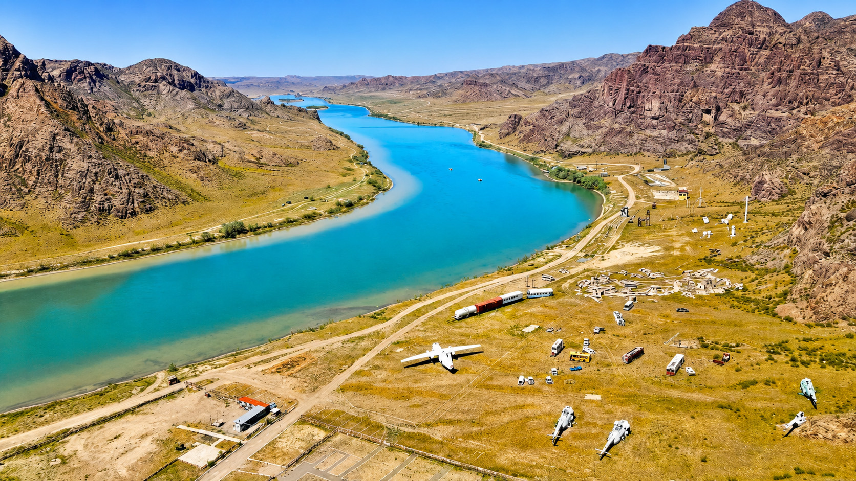 A turquoise river cutting through Almaty’s rugged landscape