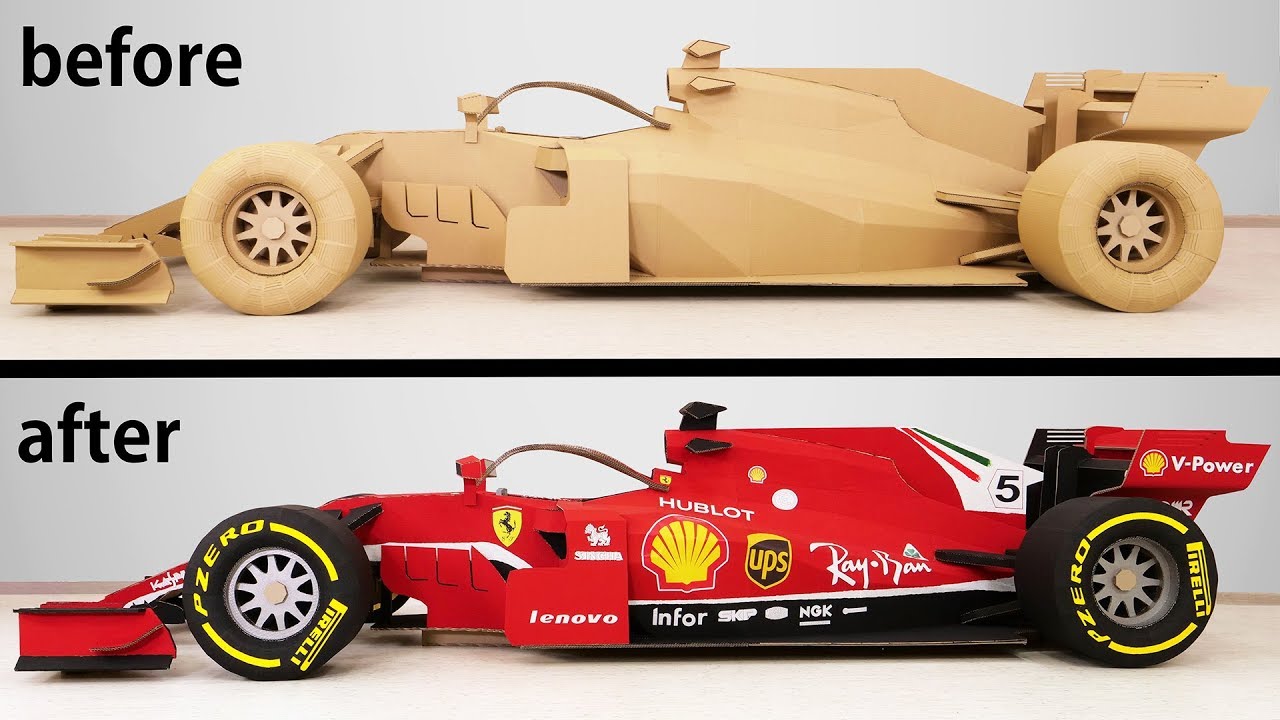 Transformation of a cardboard Formula 1 into a Ferrari F1 racing car