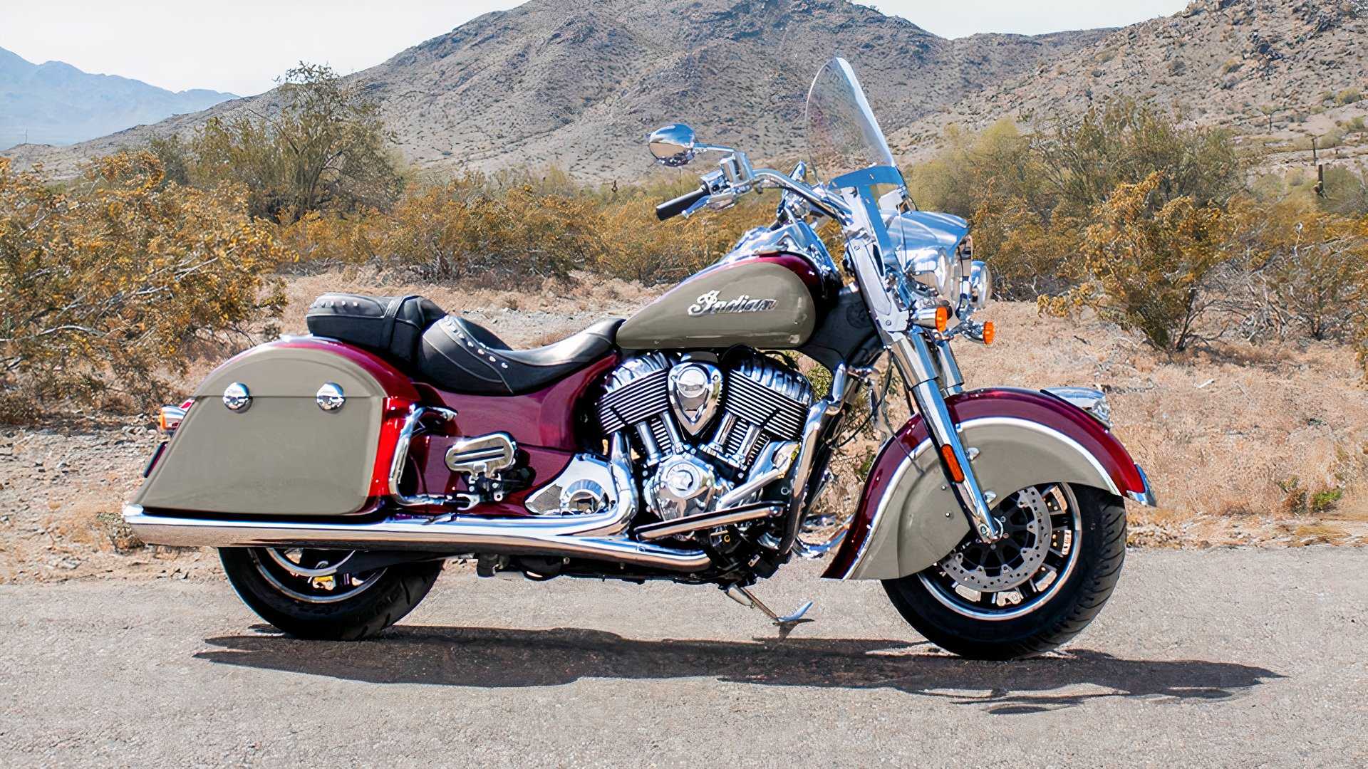 Side profile view of a Indian Springfield on the side of a desert highway