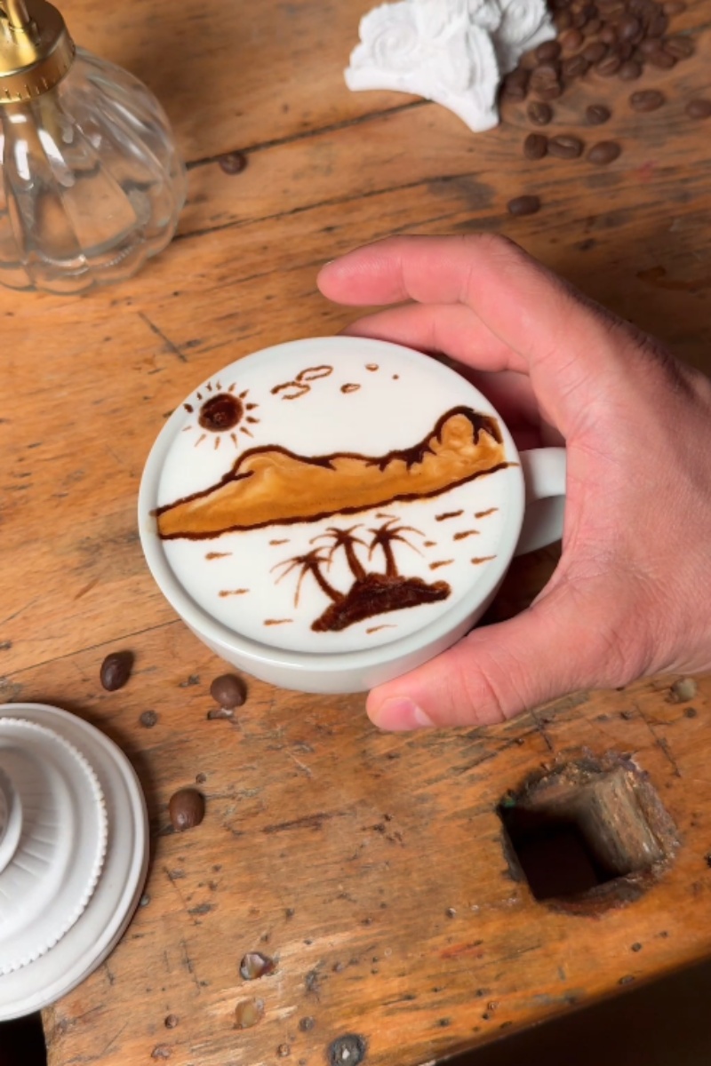 Beach scene latte art coffee design