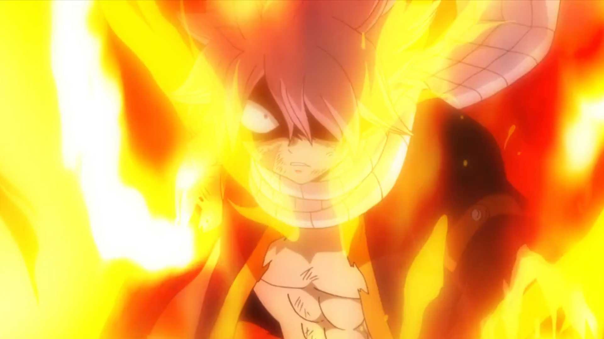 Natsu is covered in flames and completely lost in rage in his END form in Fairy Tail (2018) episode 32